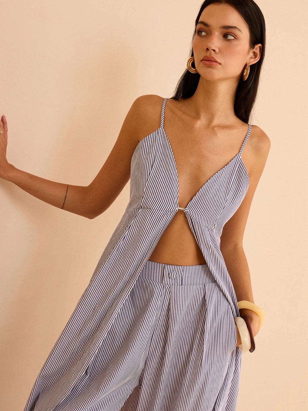 COMMENSE Blue/White Striped Long Cami Spaghetti Straps Top Button Front Size S